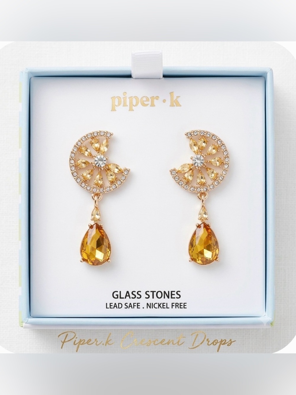 NIB Piper.k Dazzling Gold Lemon Crescent Drop Earrings